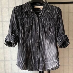 Y2K DKNY Jeans Blouse Button-Down Cowgirl Flair Black White Polka Dot Top